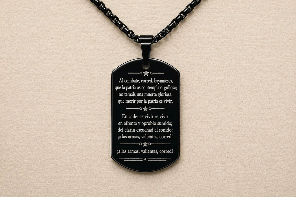 Cuban Coat of Arms Dog Tag Necklace – Cuba National Anthem Pendant – Cuban Heritage Jewelry – Black Stainless Steel Necklace