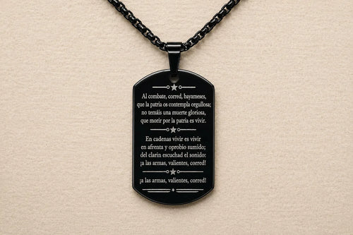 Cuban Coat of Arms Dog Tag Necklace – Cuba National Anthem Pendant – Cuban Heritage Jewelry – Black Stainless Steel Necklace