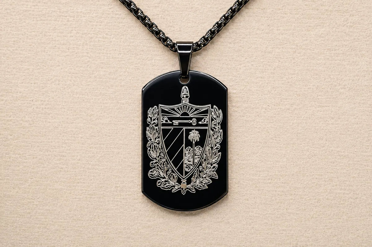 Cuban Coat of Arms Dog Tag Necklace – Cuba National Anthem Pendant – Cuban Heritage Jewelry – Black Stainless Steel Necklace