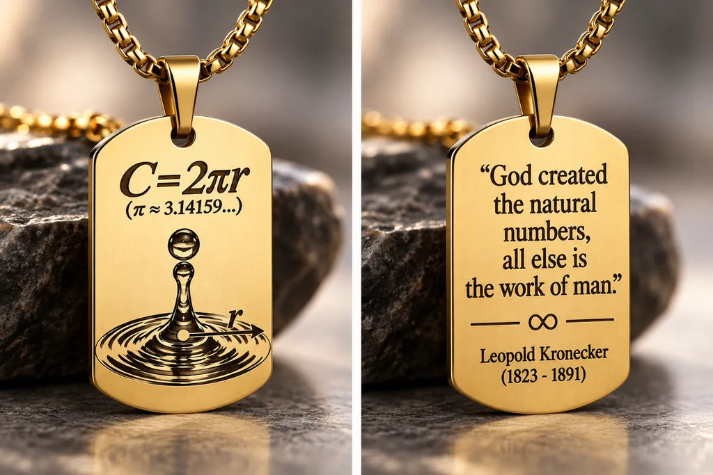 Stainless steel dog tag necklace featuring an engraved water drop and mathematical formula, with a Leopold Kronecker quote on the reverse 