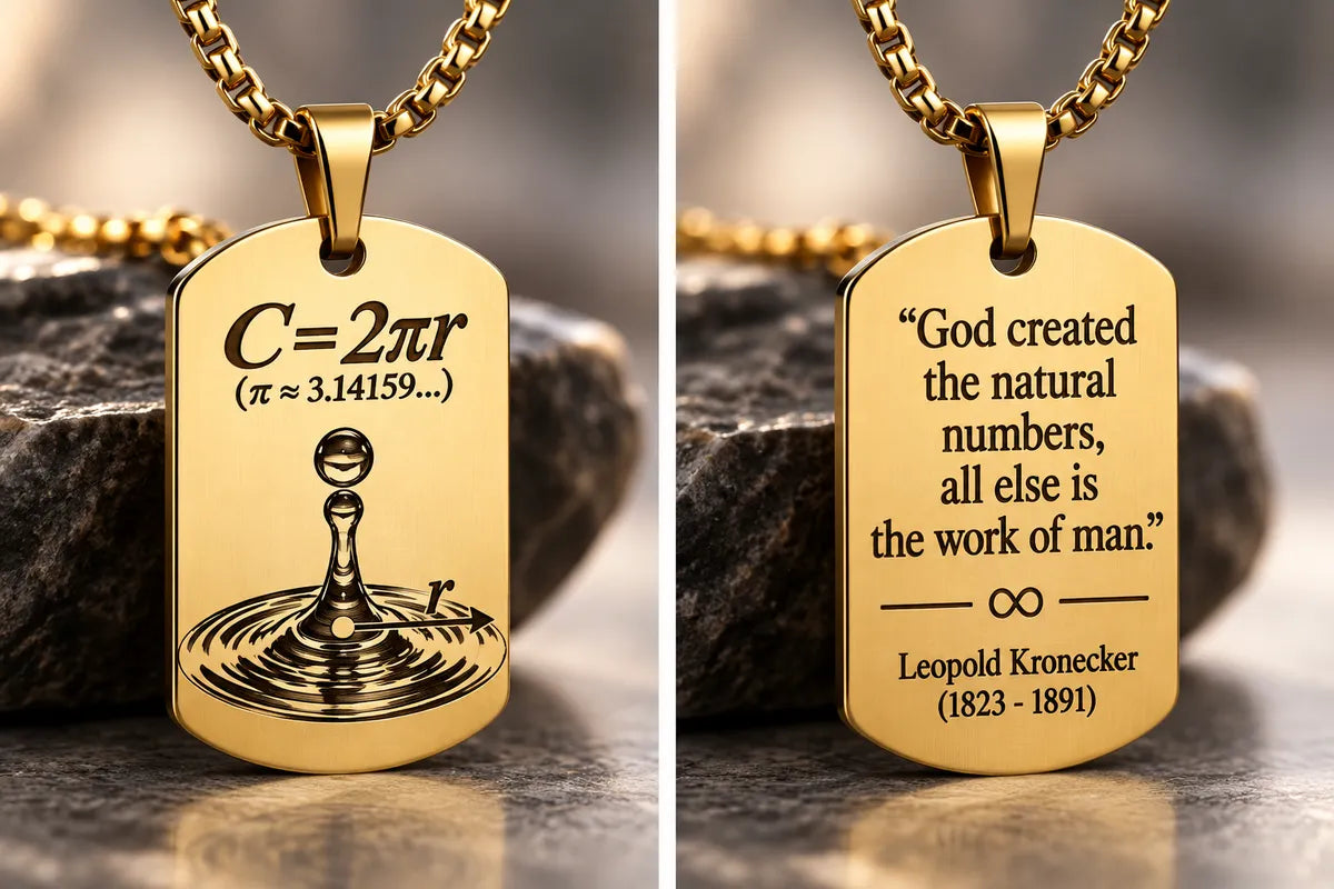 Stainless steel dog tag necklace featuring an engraved water drop and mathematical formula, with a Leopold Kronecker quote on the reverse 