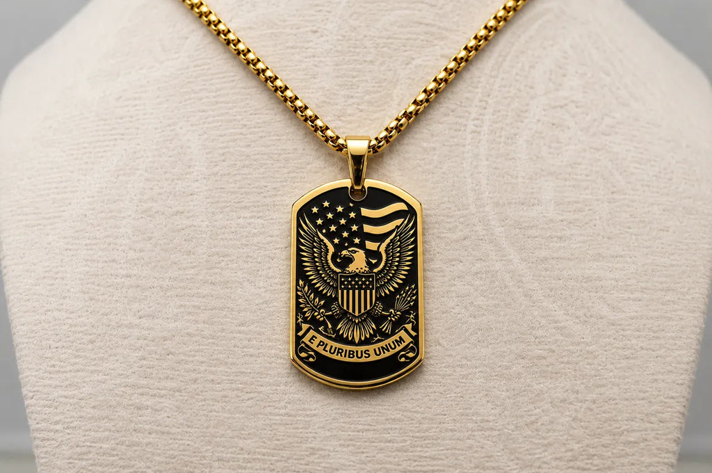 Liberty Bell & American Eagle Dog Tag Necklace – Double-Sided USA Heritage Pendant – Patriotic Stainless Steel Jewelry