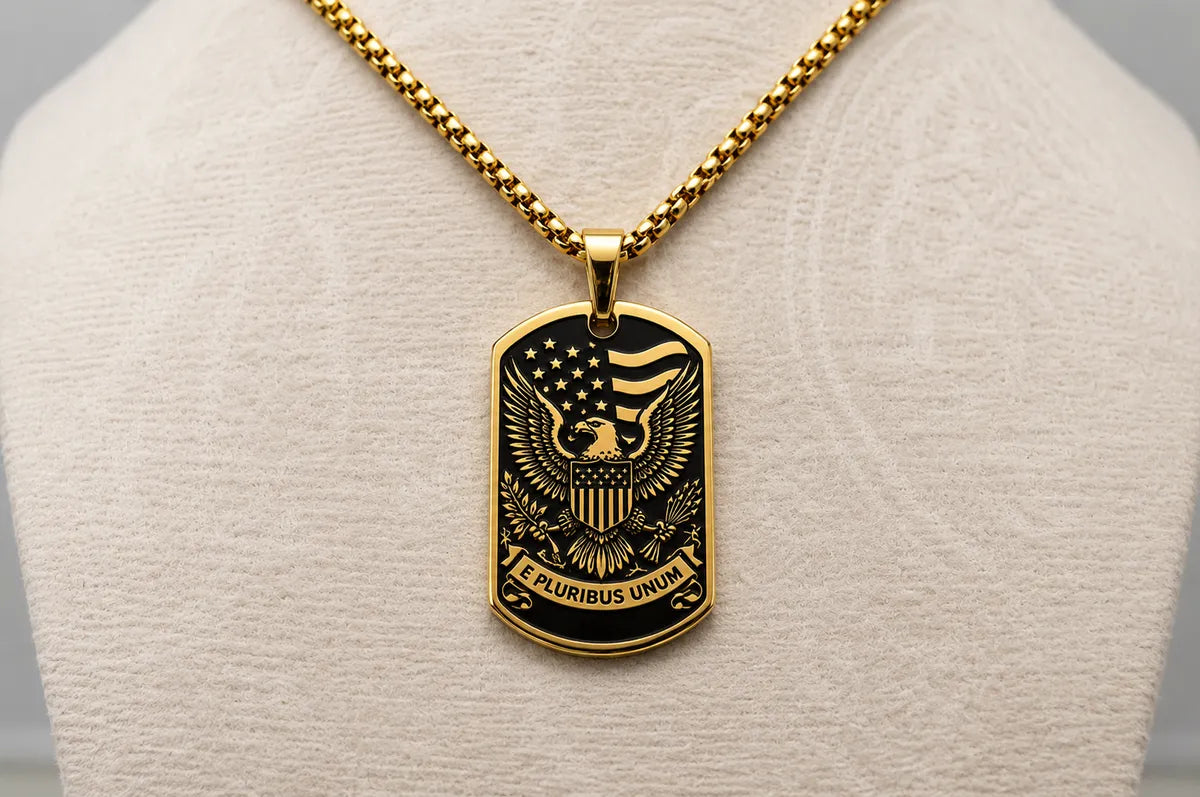Liberty Bell & American Eagle Dog Tag Necklace – Double-Sided USA Heritage Pendant – Patriotic Stainless Steel Jewelry
