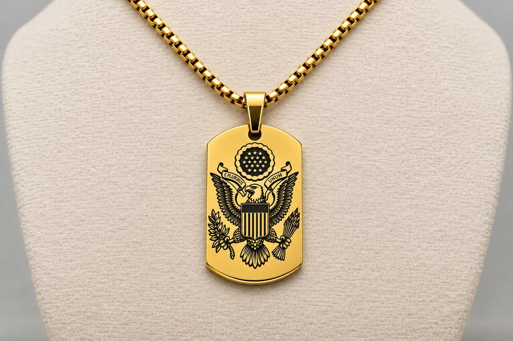 American Heritage Dog Tag Necklace – Great Seal & Statue of Liberty – Land of the Free Gold Stainless Steel Pendant
