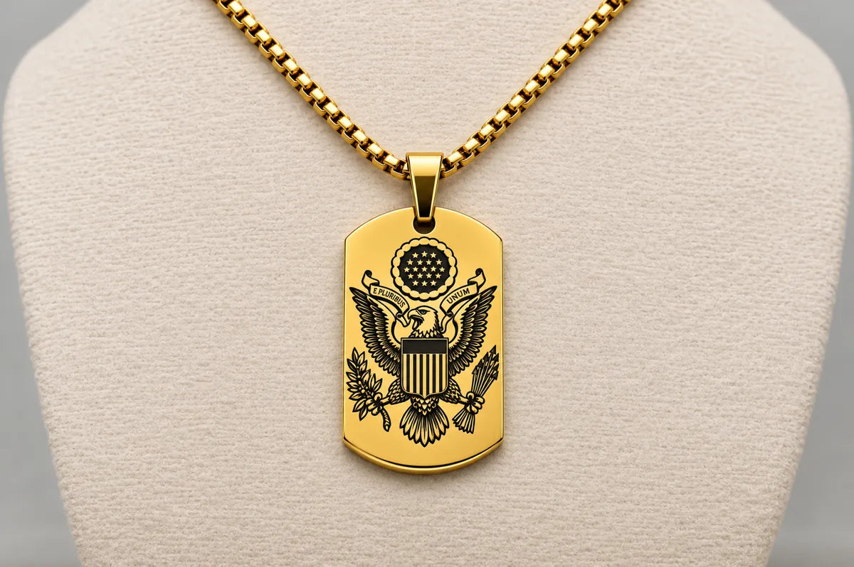 American Heritage Dog Tag Necklace – Great Seal & Statue of Liberty – Land of the Free Gold Stainless Steel Pendant