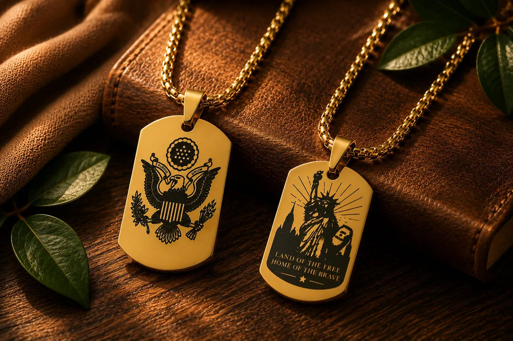 American Heritage Dog Tag Necklace – Great Seal & Statue of Liberty – Land of the Free Gold Stainless Steel Pendant