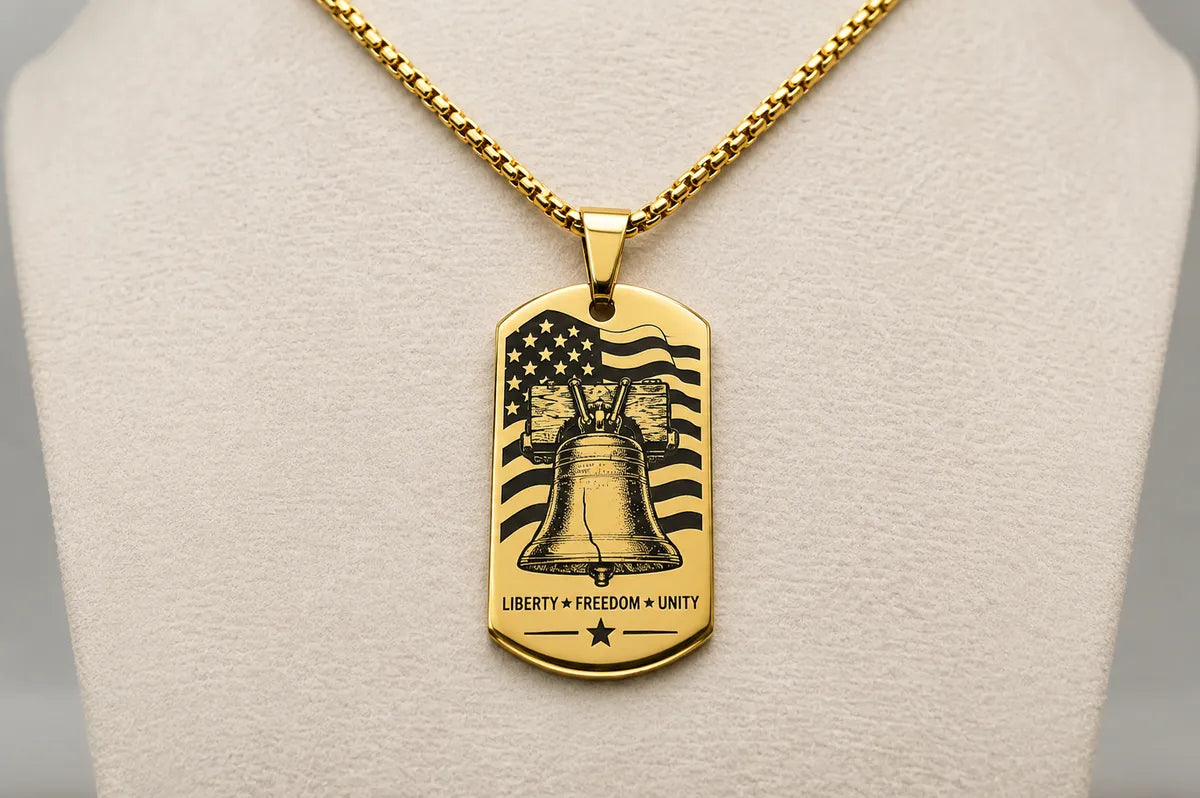 Liberty Bell & American Eagle Dog Tag Necklace – Double-Sided USA Heritage Pendant – Patriotic Stainless Steel Jewelry