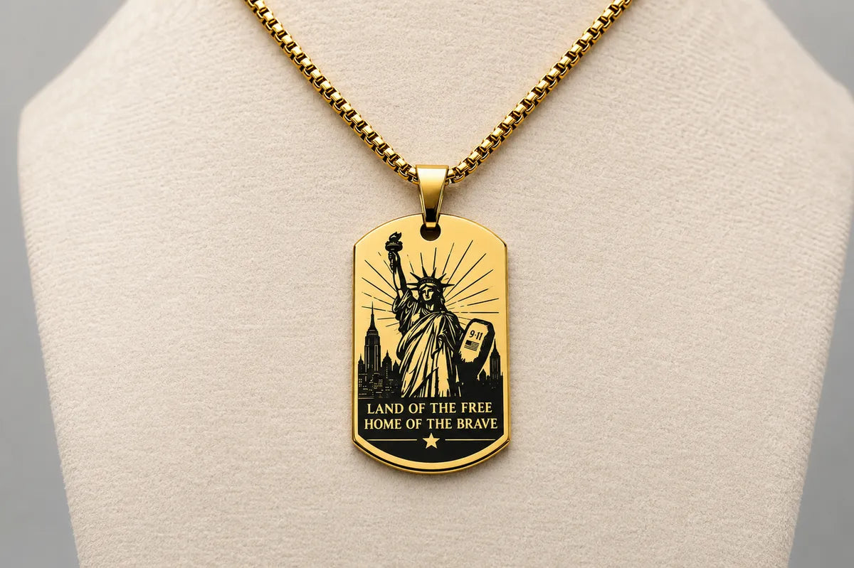 American Heritage Dog Tag Necklace – Great Seal & Statue of Liberty – Land of the Free Gold Stainless Steel Pendant