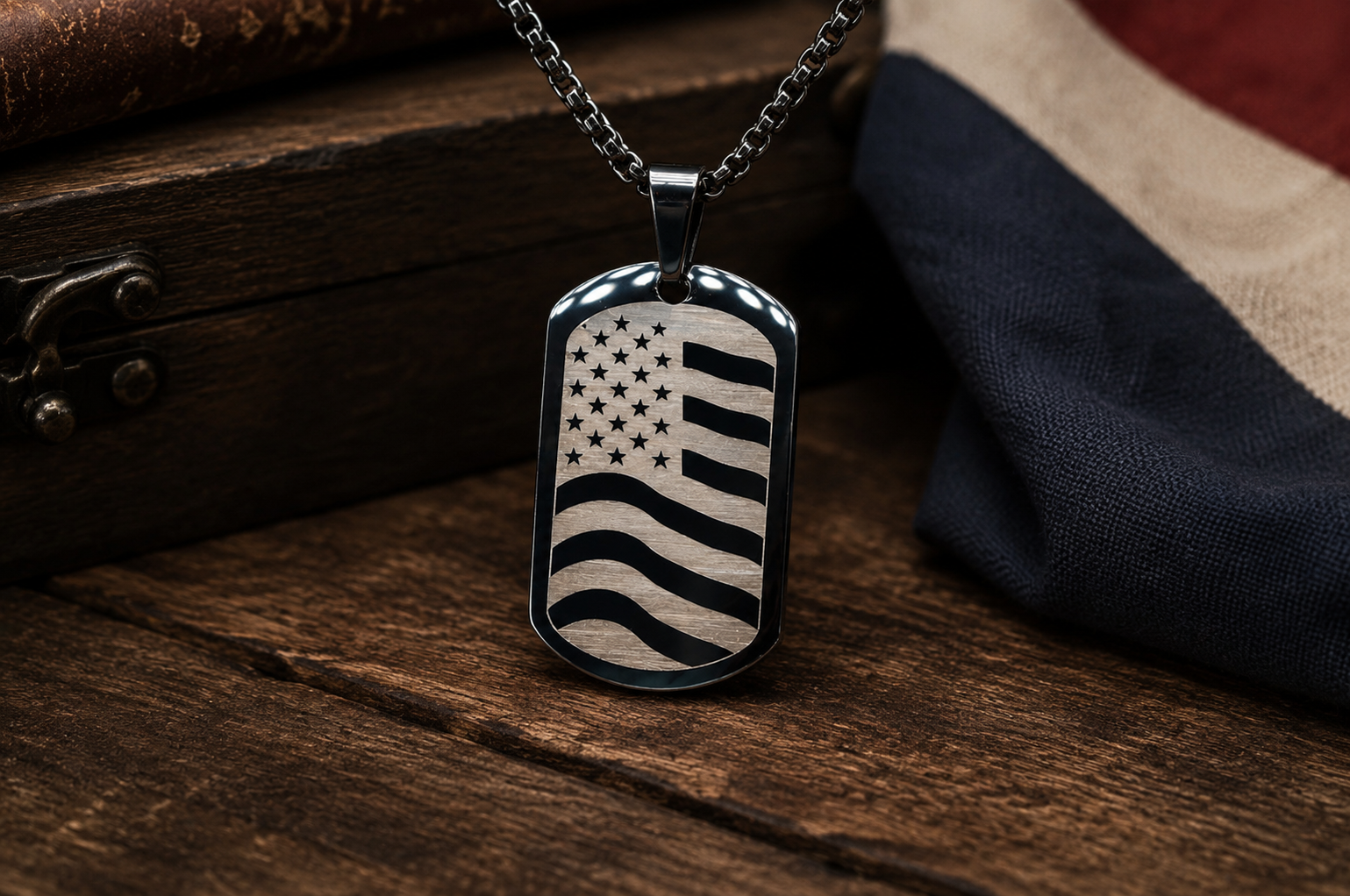 American Flag Dog Tag Necklace – Declaration of Independence Engraved Pendant