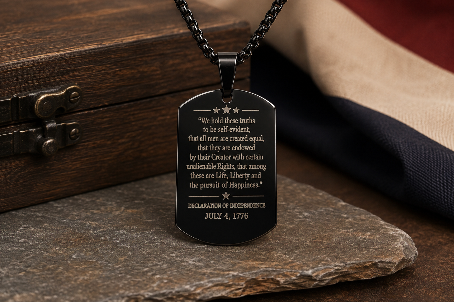 American Flag Dog Tag Necklace – Declaration of Independence Engraved Pendant
