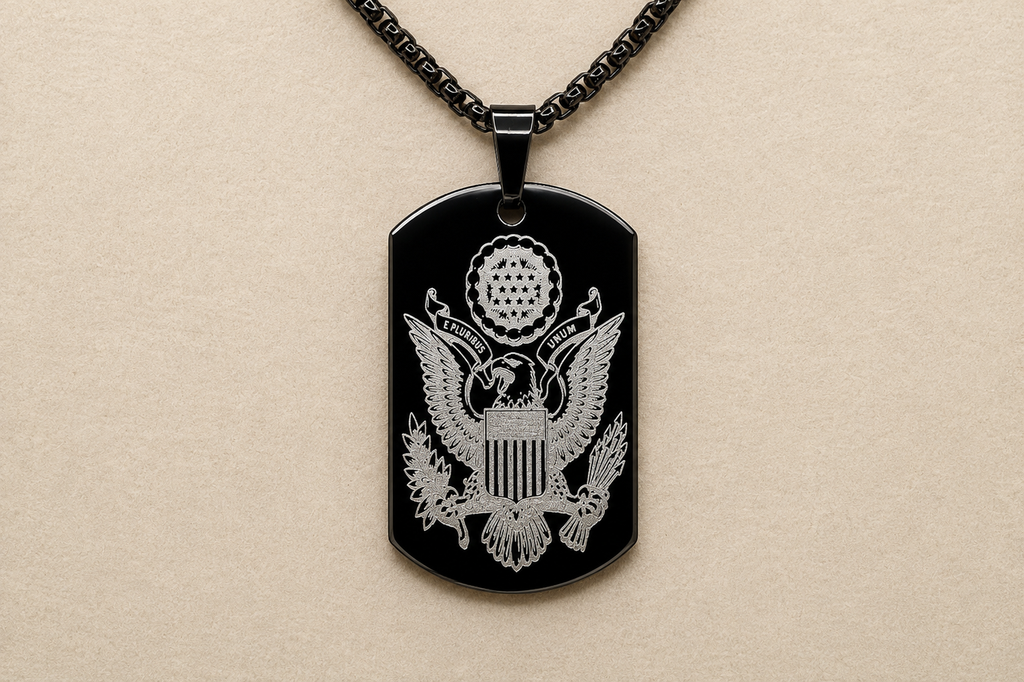 American Heritage Dog Tag Necklace – Great Seal & Statue of Liberty – Land of the Free Gold Stainless Steel Pendant