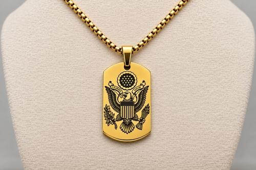 American Heritage Dog Tag Necklace – Great Seal & Statue of Liberty – Land of the Free Gold Stainless Steel Pendant