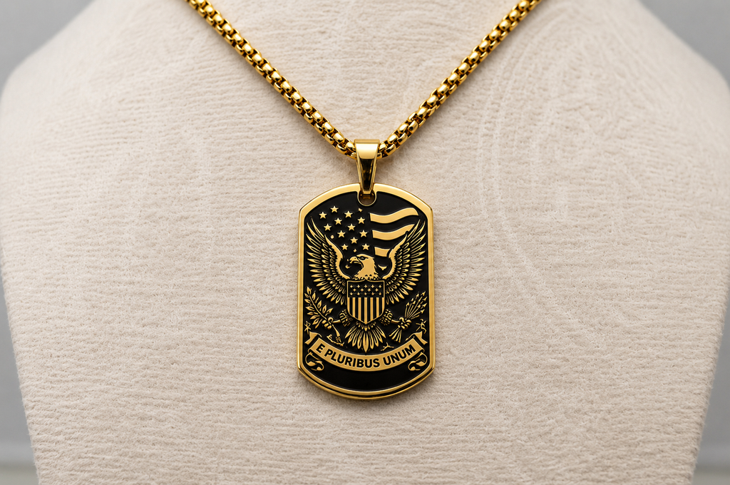 Liberty Bell & American Eagle Dog Tag Necklace – Double-Sided USA Heritage Pendant – Patriotic Stainless Steel Jewelry