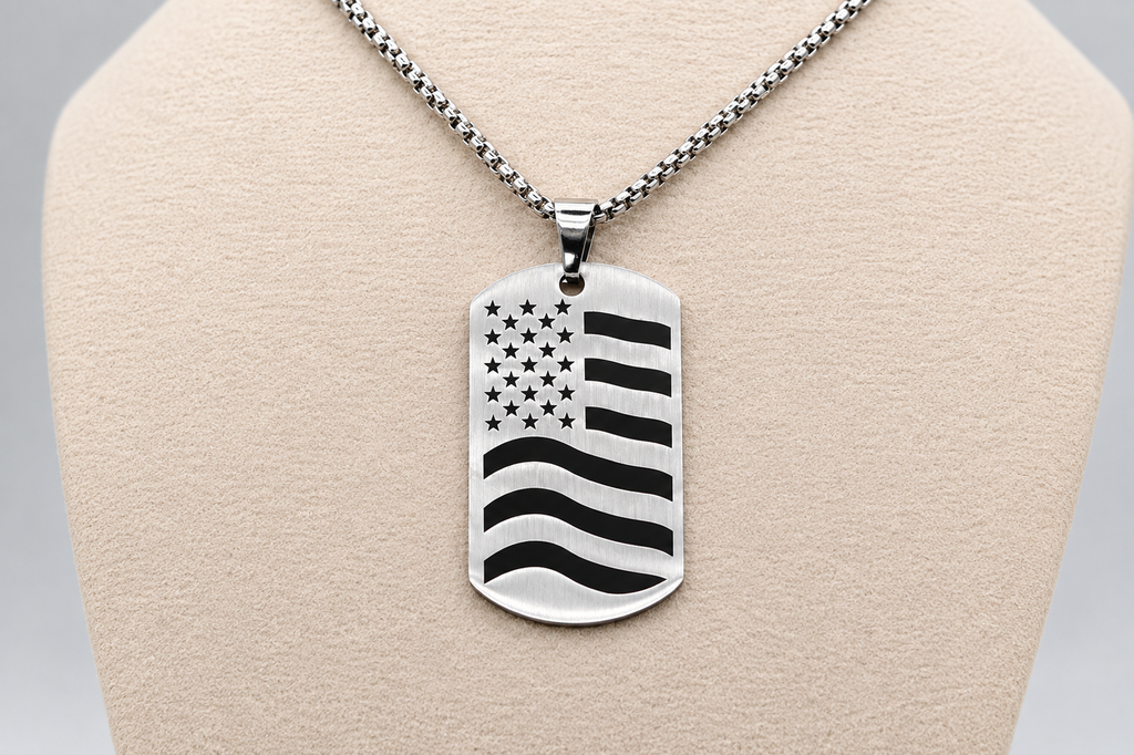 American Flag Dog Tag Necklace – Declaration of Independence Engraved Pendant