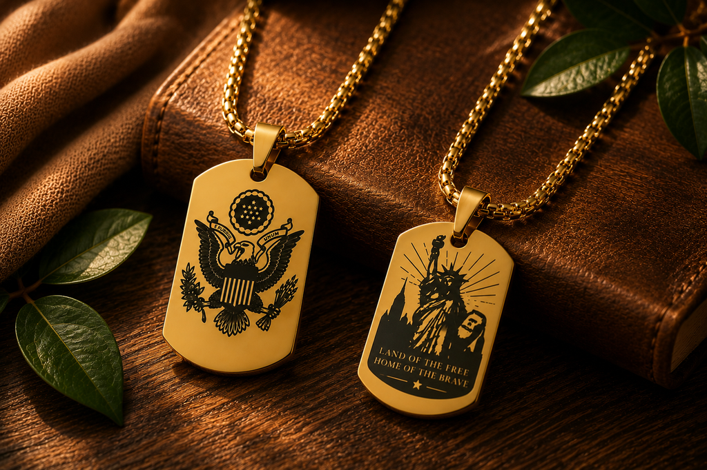 American Heritage Dog Tag Necklace – Great Seal & Statue of Liberty – Land of the Free Gold Stainless Steel Pendant