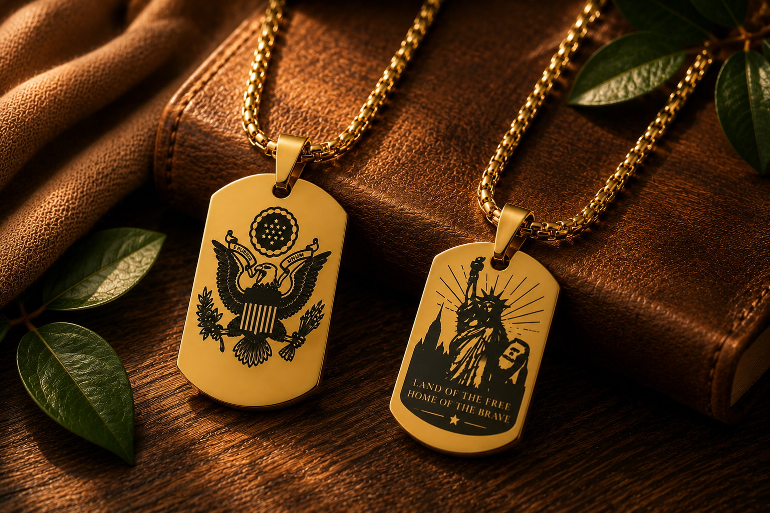 American Heritage Dog Tag Necklace – Great Seal & Statue of Liberty – Land of the Free Gold Stainless Steel Pendant