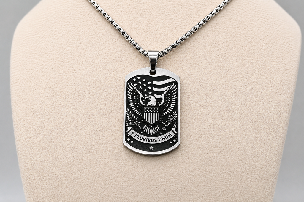 Liberty Bell & American Eagle Dog Tag Necklace – Double-Sided USA Heritage Pendant – Patriotic Stainless Steel Jewelry