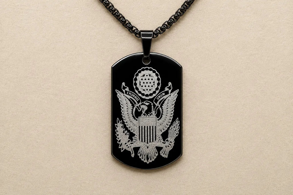 American Heritage Dog Tag Necklace – Great Seal & Statue of Liberty – Land of the Free Gold Stainless Steel Pendant