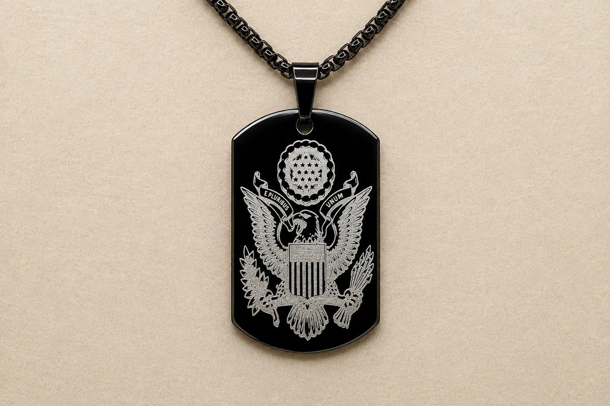 American Heritage Dog Tag Necklace – Great Seal & Statue of Liberty – Land of the Free Gold Stainless Steel Pendant