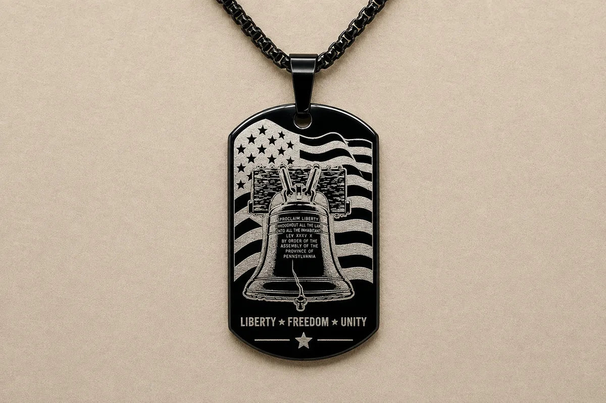 Liberty Bell & American Eagle Dog Tag Necklace – Double-Sided USA Heritage Pendant – Patriotic Stainless Steel Jewelry