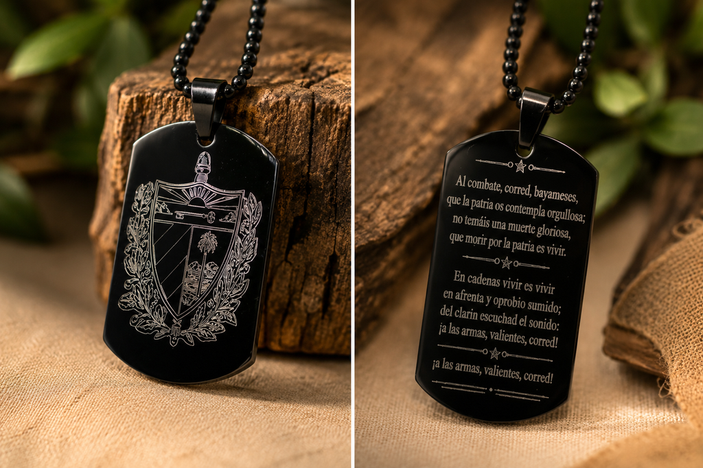Cuban Coat of Arms Dog Tag Necklace – Cuba National Anthem Pendant – Cuban Heritage Jewelry – Black Stainless Steel Necklace