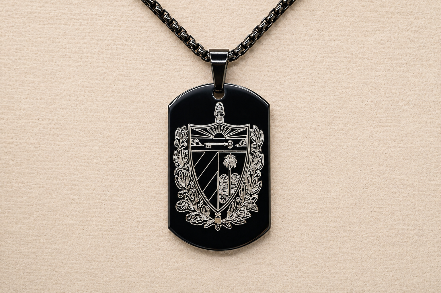 Cuban Coat of Arms Dog Tag Necklace – Cuba National Anthem Pendant – Cuban Heritage Jewelry – Black Stainless Steel Necklace