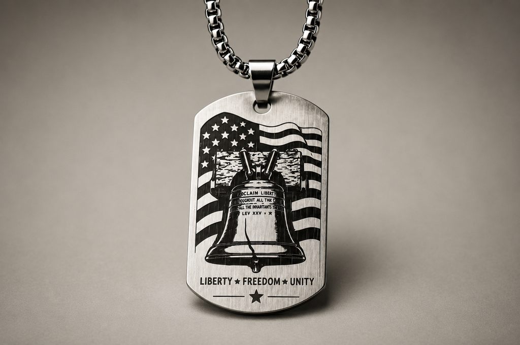 Liberty Bell & American Eagle Dog Tag Necklace – Double-Sided USA Heritage Pendant – Patriotic Stainless Steel Jewelry