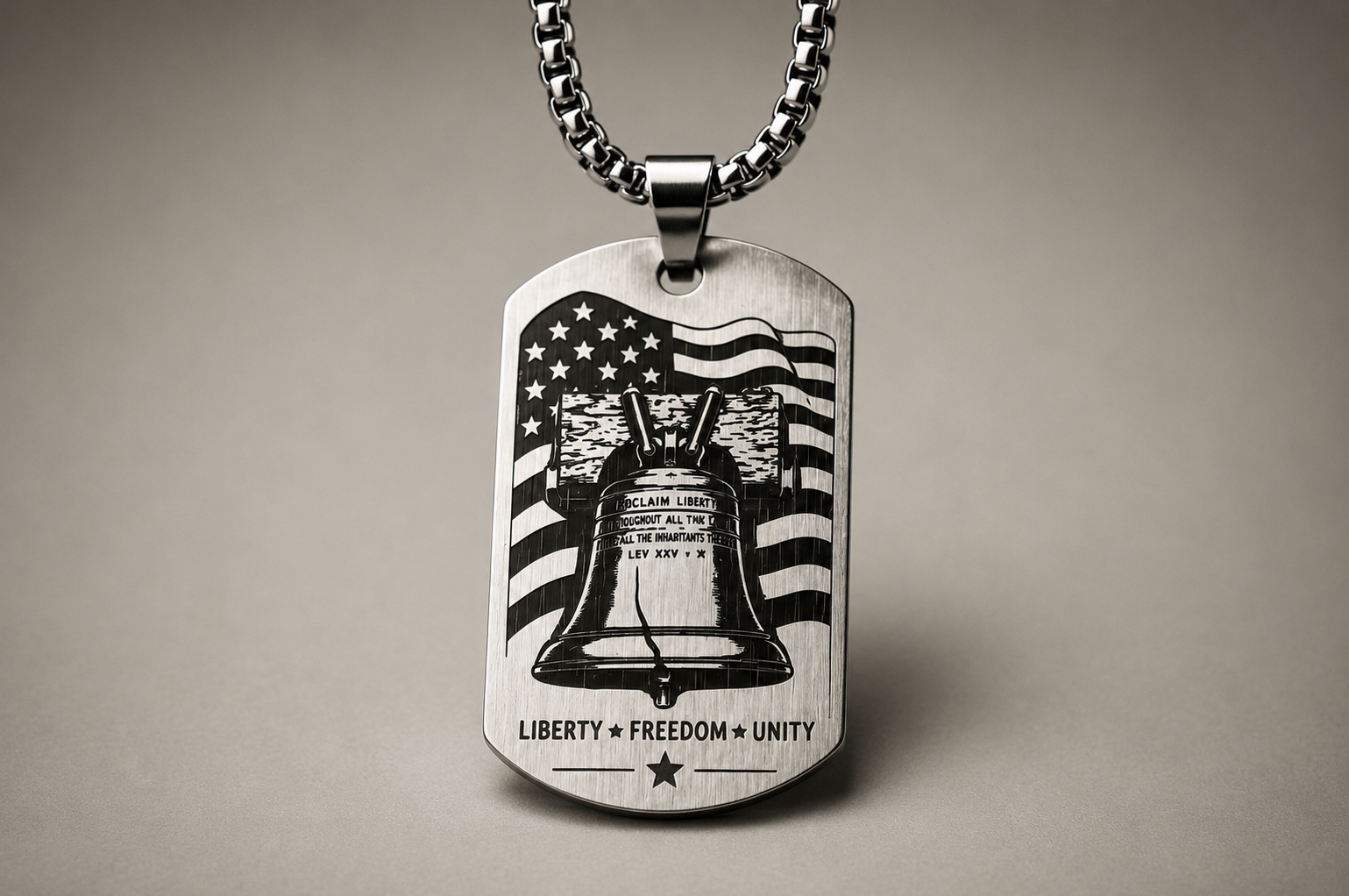 Liberty Bell & American Eagle Dog Tag Necklace – Double-Sided USA Heritage Pendant – Patriotic Stainless Steel Jewelry
