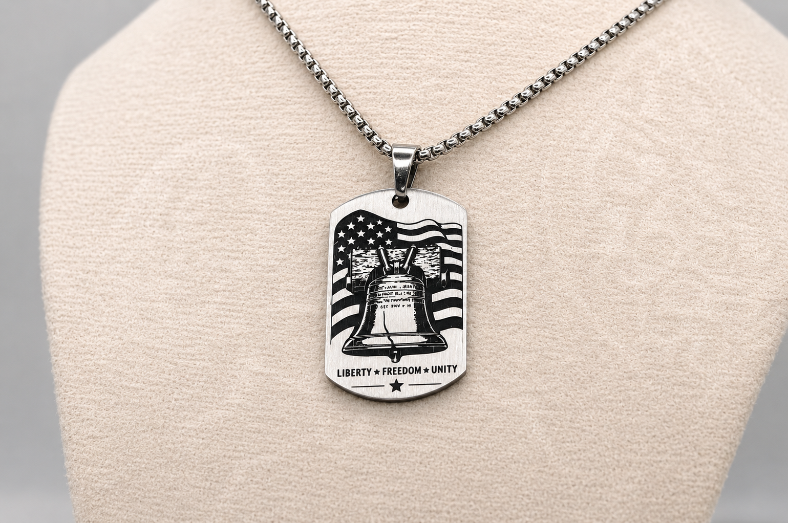 Liberty Bell & American Eagle Dog Tag Necklace – Double-Sided USA Heritage Pendant – Patriotic Stainless Steel Jewelry