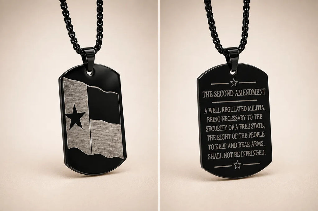 Texas Flag Dog Tag Necklace – Second Amendment Engraved Pendant