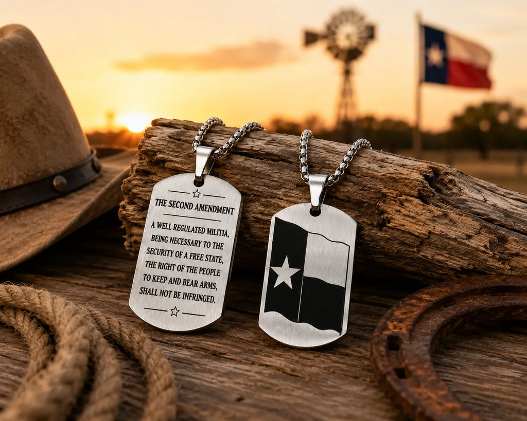 Texas Flag Dog Tag Necklace – Second Amendment Engraved Pendant
