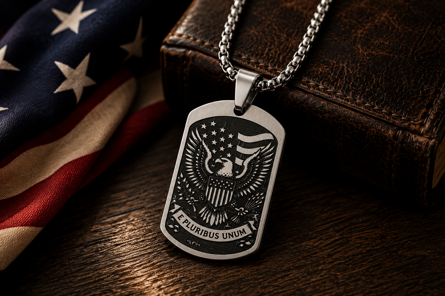 Liberty Bell & American Eagle Dog Tag Necklace – Double-Sided USA Heritage Pendant – Patriotic Stainless Steel Jewelry