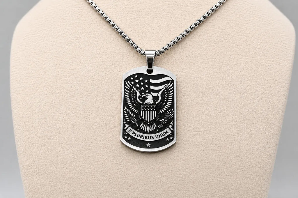 Liberty Bell & American Eagle Dog Tag Necklace – Double-Sided USA Heritage Pendant – Patriotic Stainless Steel Jewelry