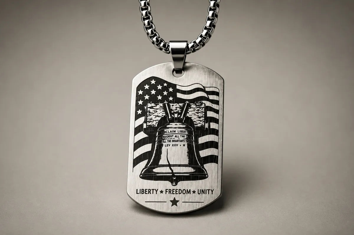 Liberty Bell & American Eagle Dog Tag Necklace – Double-Sided USA Heritage Pendant – Patriotic Stainless Steel Jewelry