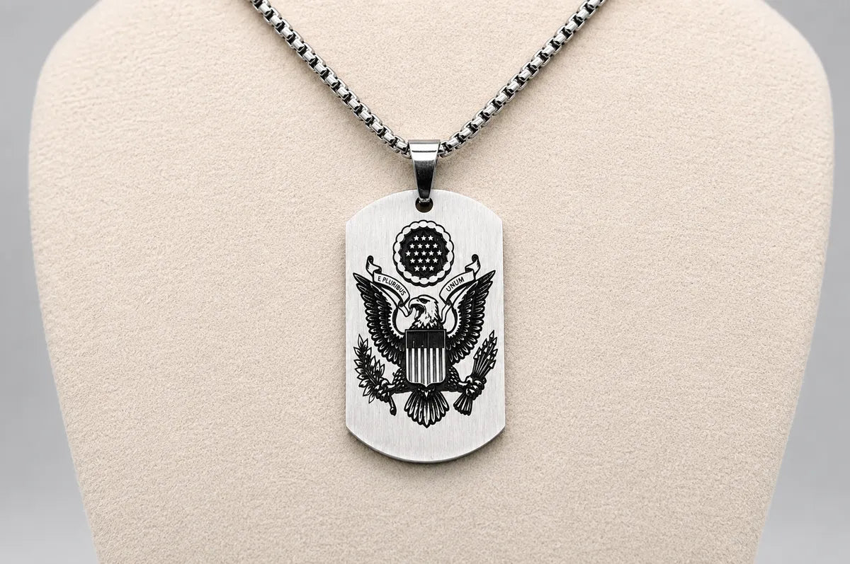 American Heritage Dog Tag Necklace – Great Seal & Statue of Liberty – Land of the Free Gold Stainless Steel Pendant