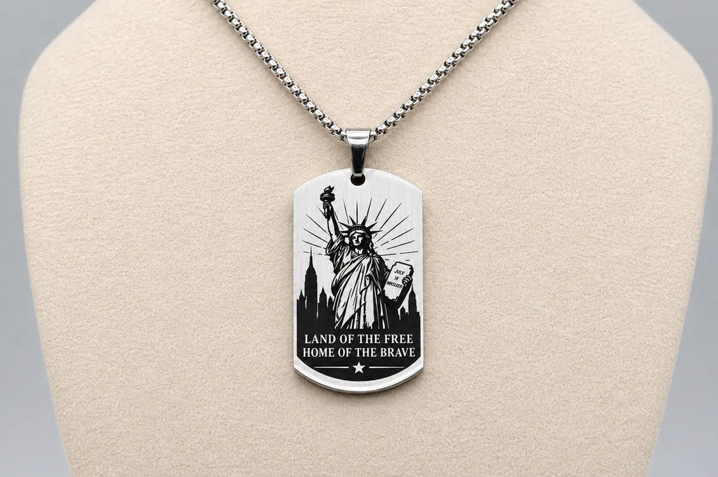 American Heritage Dog Tag Necklace – Great Seal & Statue of Liberty – Land of the Free Gold Stainless Steel Pendant