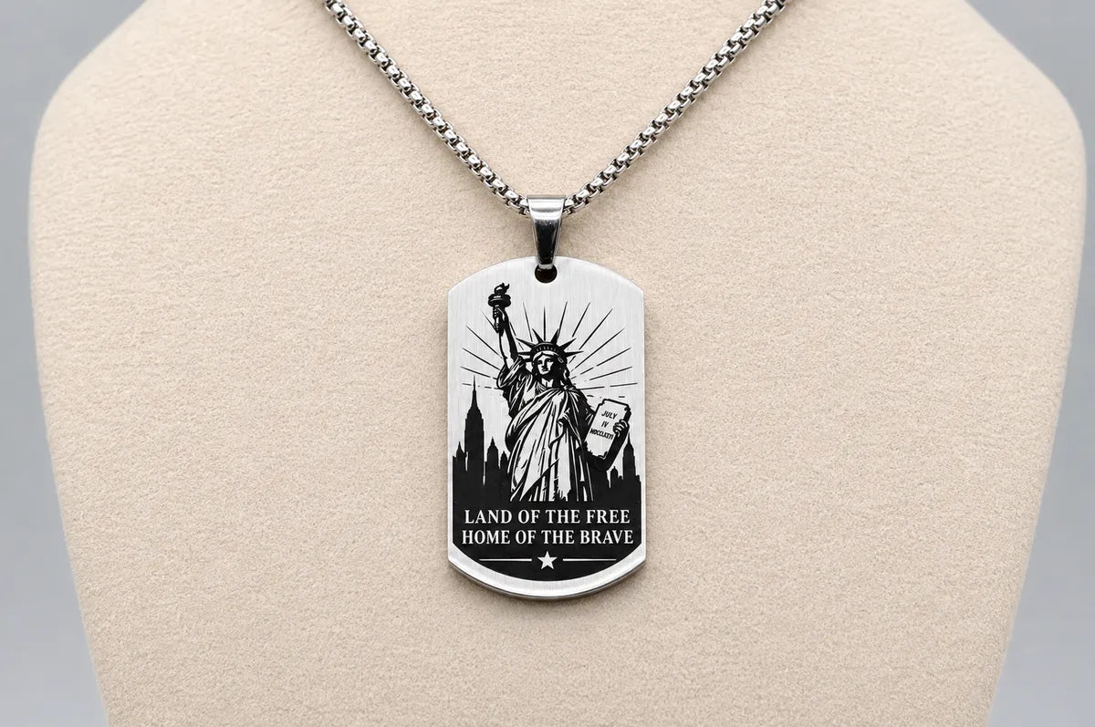 American Heritage Dog Tag Necklace – Great Seal & Statue of Liberty – Land of the Free Gold Stainless Steel Pendant