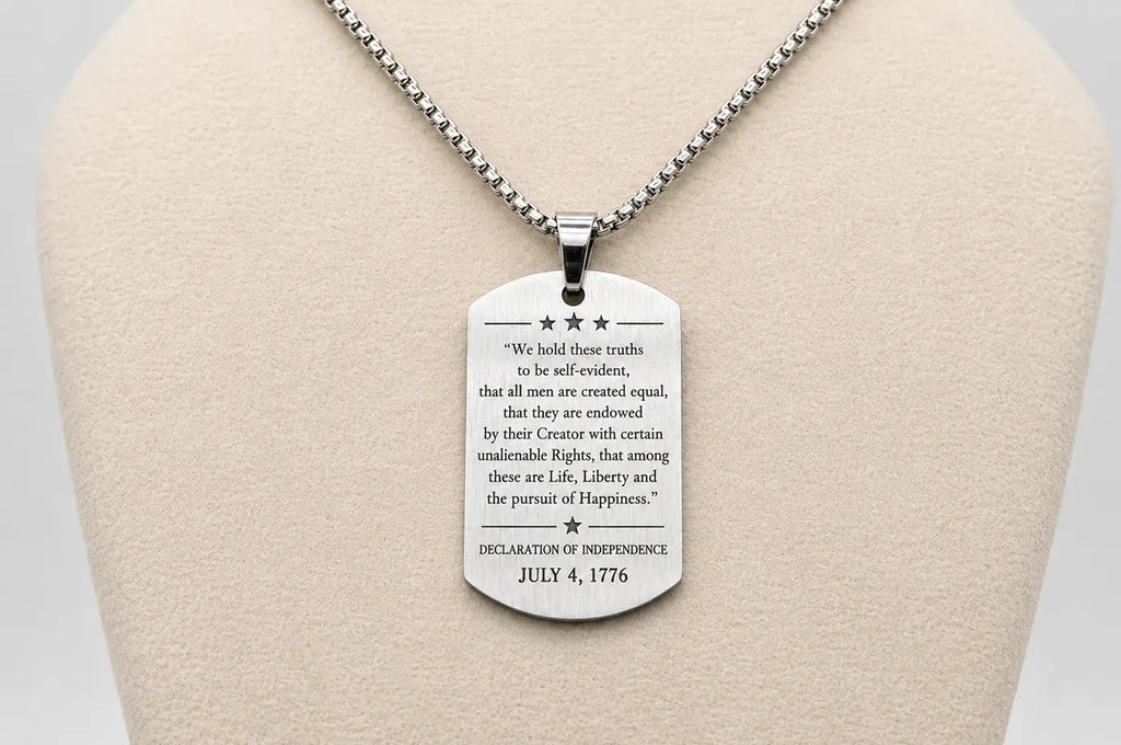 American Flag Dog Tag Necklace – Declaration of Independence Engraved Pendant