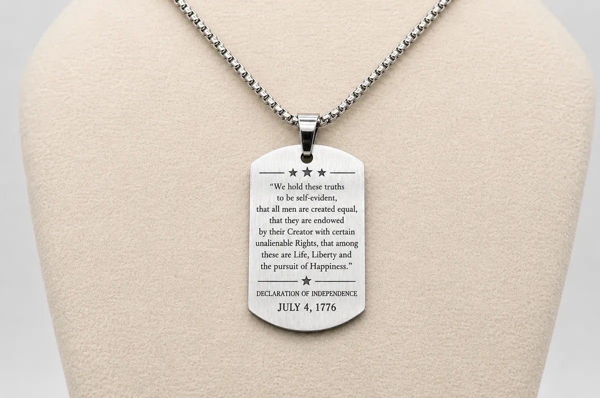 American Flag Dog Tag Necklace – Declaration of Independence Engraved Pendant