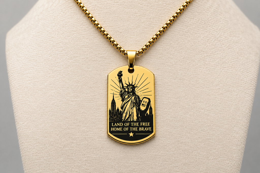 American Heritage Dog Tag Necklace – Great Seal & Statue of Liberty – Land of the Free Gold Stainless Steel Pendant