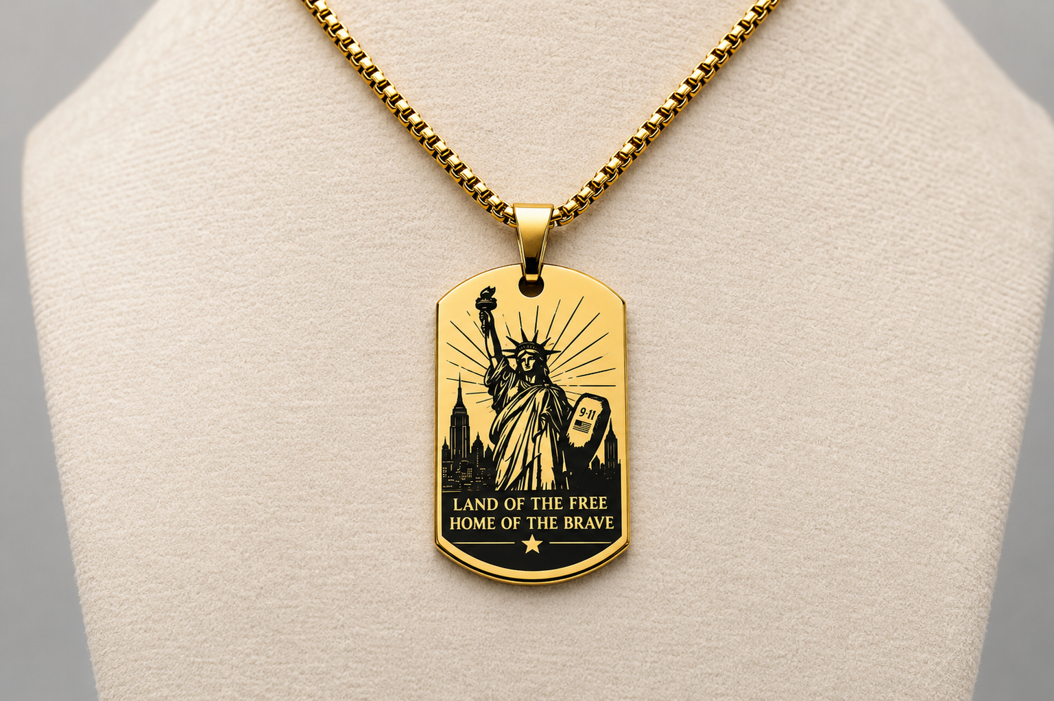 American Heritage Dog Tag Necklace – Great Seal & Statue of Liberty – Land of the Free Gold Stainless Steel Pendant