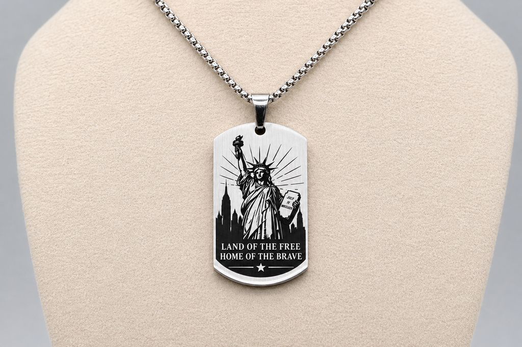 American Heritage Dog Tag Necklace – Great Seal & Statue of Liberty – Land of the Free Gold Stainless Steel Pendant