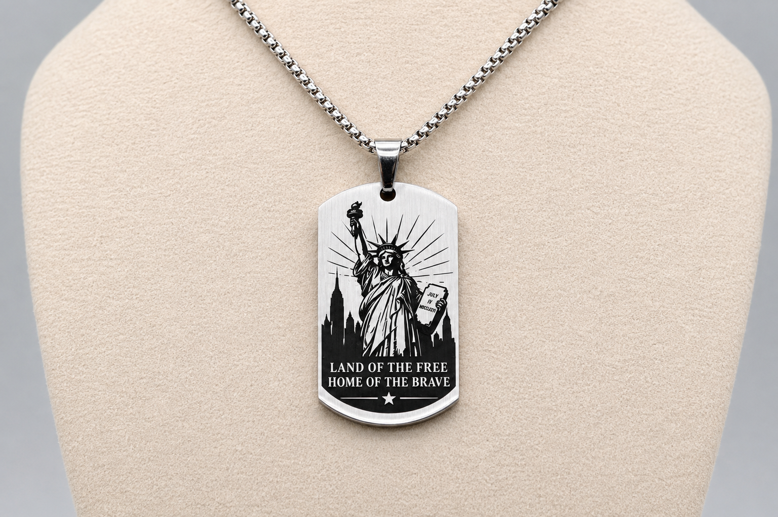 American Heritage Dog Tag Necklace – Great Seal & Statue of Liberty – Land of the Free Gold Stainless Steel Pendant
