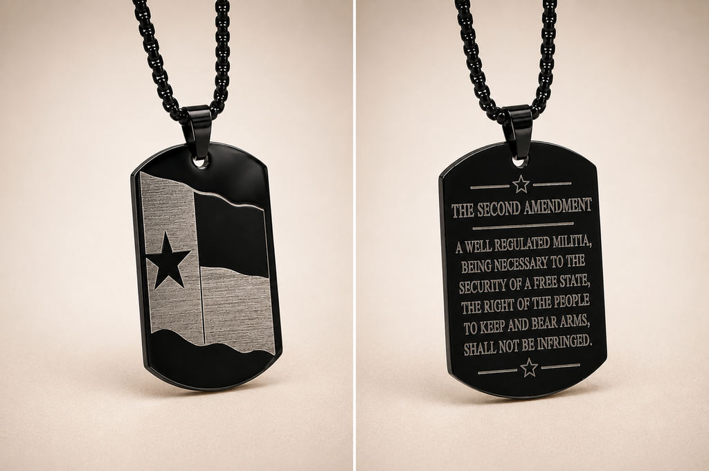 Texas Flag Dog Tag Necklace – Second Amendment Engraved Pendant