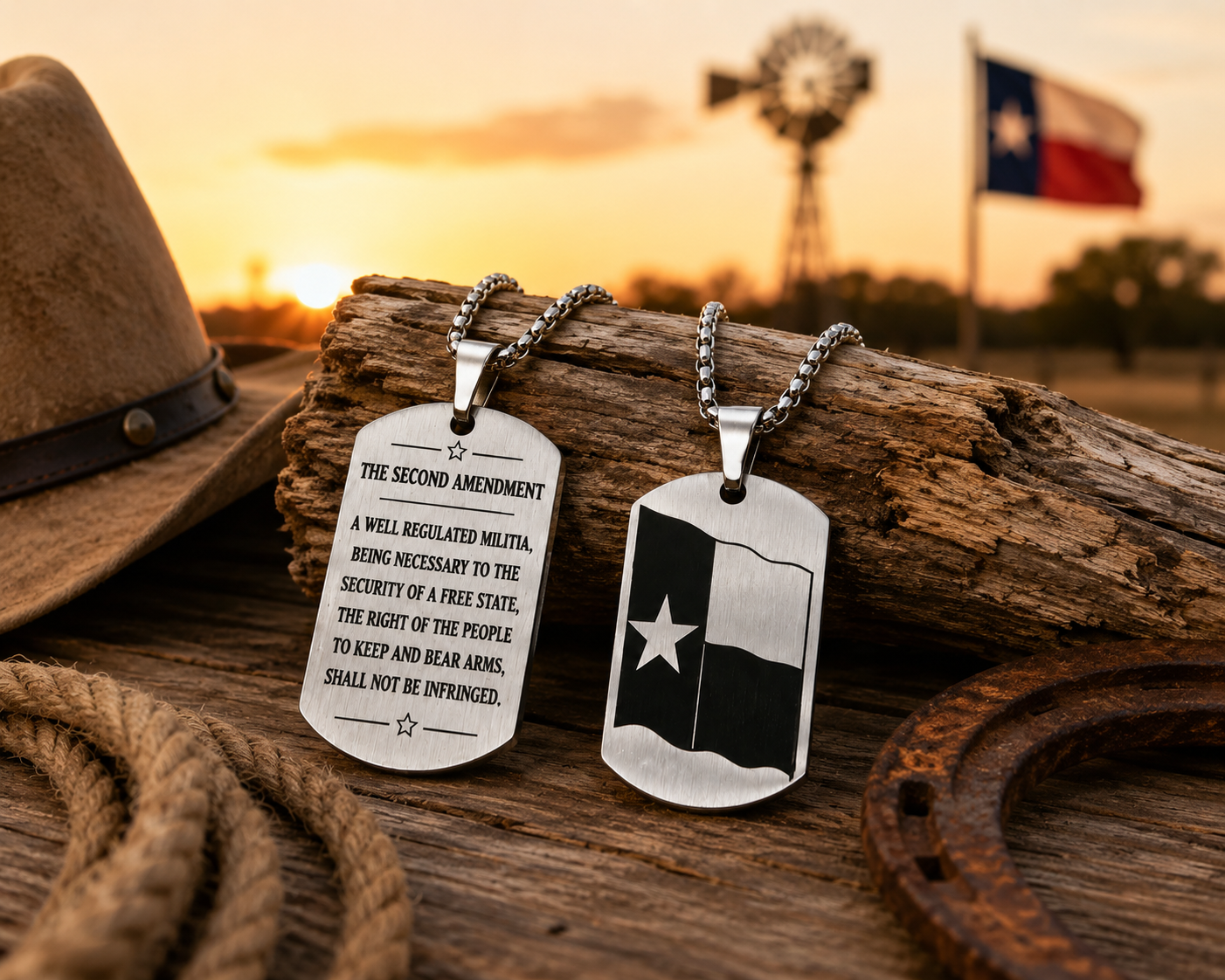 Texas Flag Dog Tag Necklace – Second Amendment Engraved Pendant